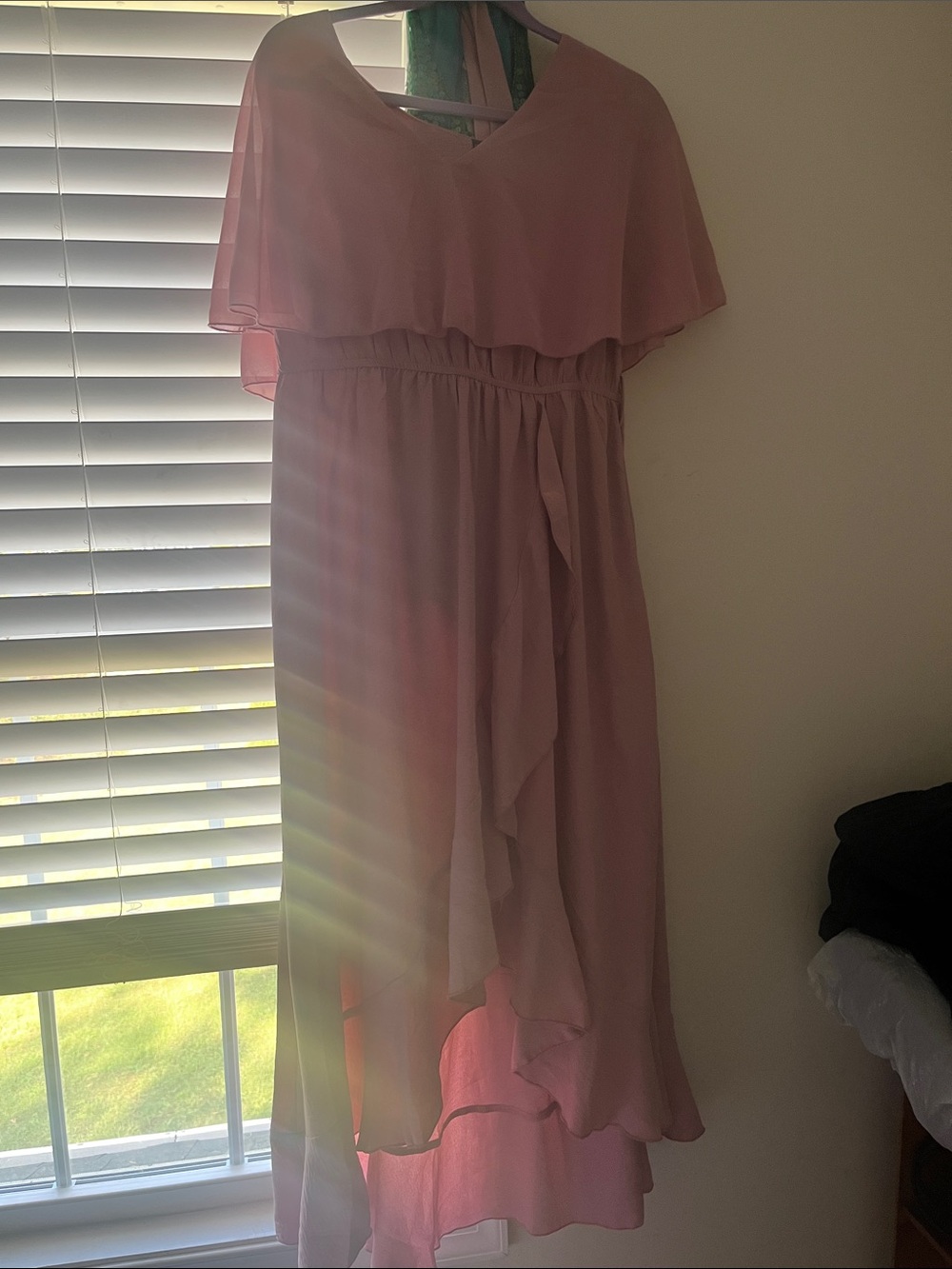 Blush Pink V-Neck Chiffon Midi Dress with Ruffle Detail